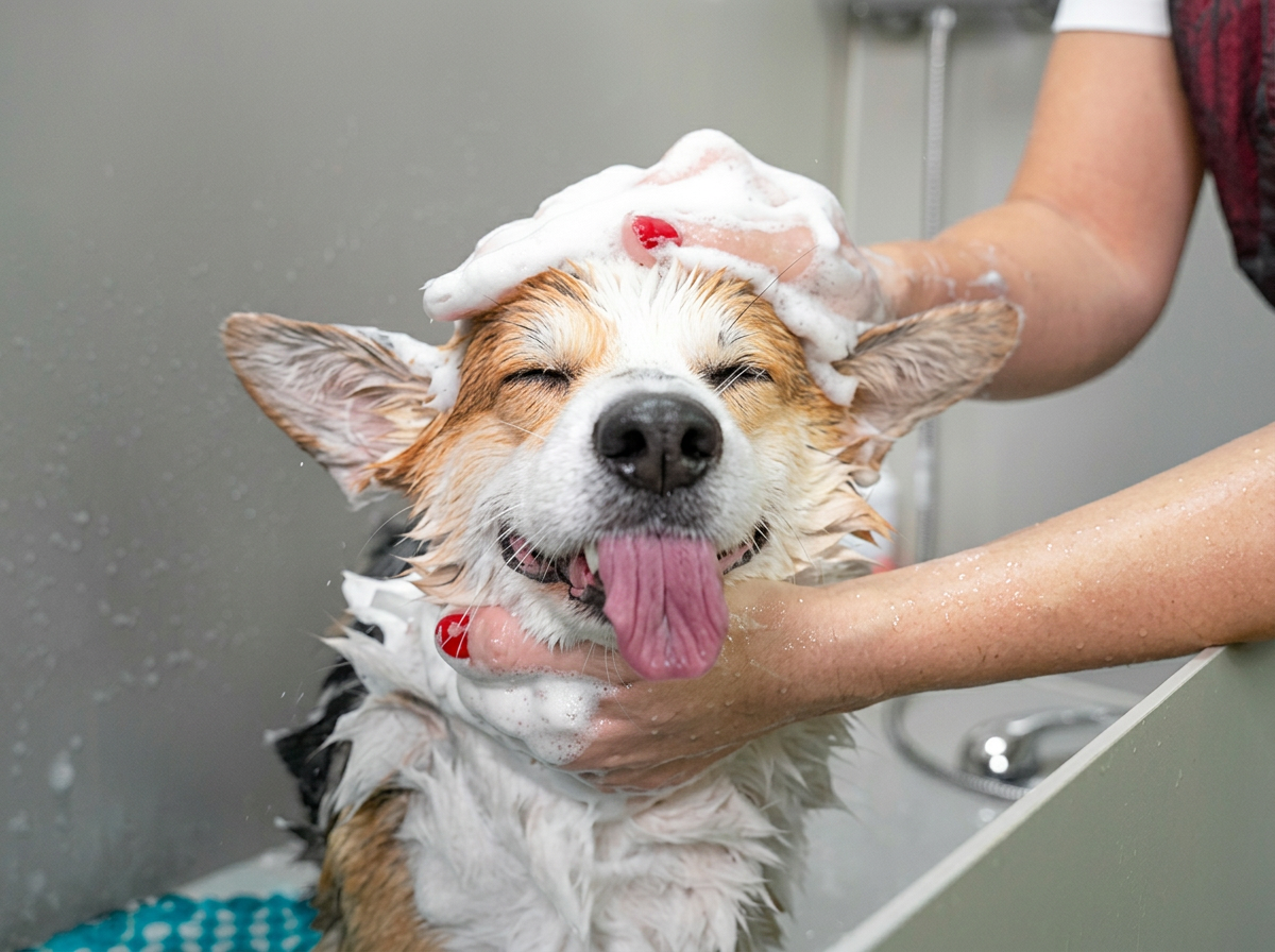 Happy dog being gently bathed at Barkin' Pups Spa